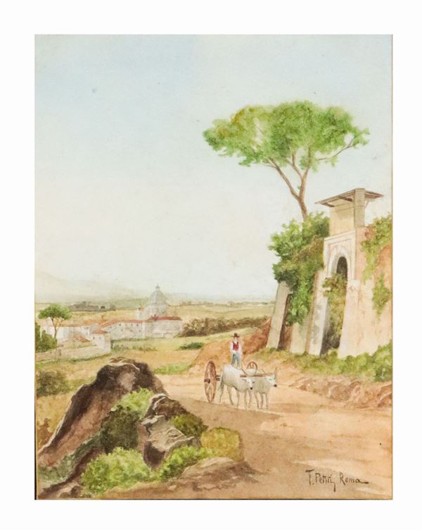 Pittore Romano Fine XIX Secolo - &quot;Veduta di San Pietro da Monte Mario con contadino e carretto&quot; acquarello su carta