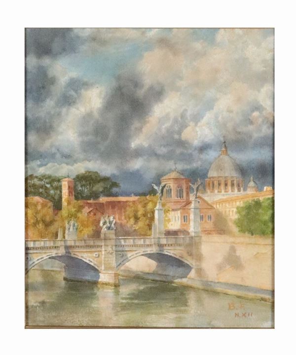 Scuola Italiana Fine XIX Secolo - &quot;Veduta di Ponte Sant&#39;Angelo con il Tevere&quot; acquarello su carta
