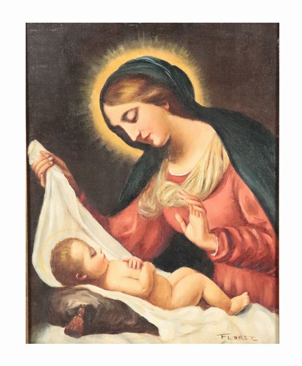 Pittore Europeo Fine XIX Secolo - &quot;Madonna con Bambino&quot; piccolo dipinto ad olio su tela applicata a cartone