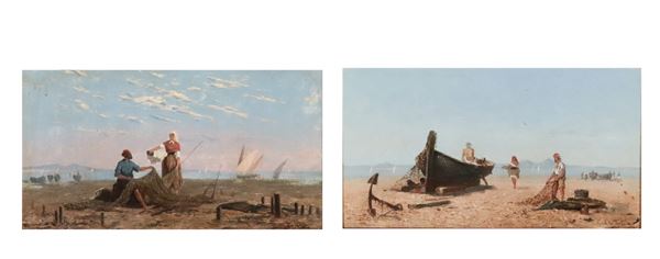 Frank William Warwick Topham - &quot;Views of the Gulf of Naples with boats and fishermen on the beach&quot;. Signed, pair of oil paintings on wood