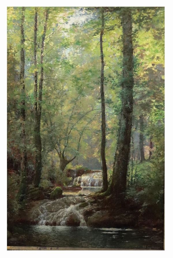 Pittore Francese XIX Secolo - &quot;Paesaggio boschivo con cascatella e corso d&#39;acqua&quot;. Firmato, dipinto ad olio su tela