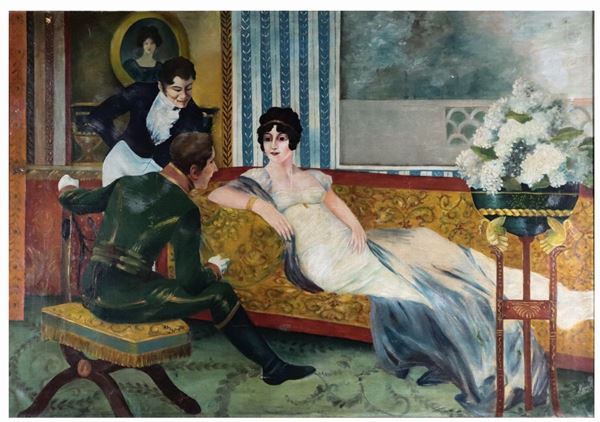 Pittore Francese Fine XIX Secolo - &quot;Interno di salotto con scena di corteggiamento&quot;. Firmato, dipinto ad olio su tela