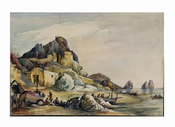 Pittore Europeo Fine XIX Secolo - &quot;Veduta dei faraglioni a Capri con pescatori e barche&quot;. Firmato e datato 1895, acquarello su carta