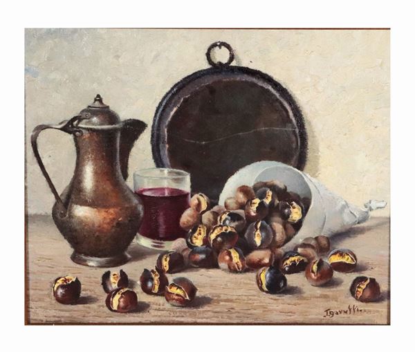 Pittore Italiano Inizio XX Secolo - &quot;Natura morta con castagne e brocca&quot;. Firmato, piccolo dipinto ad olio su tavoletta