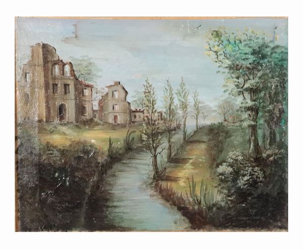 Pittore Veneto XIX Secolo - &quot;Paesaggio con corso d&#39;acqua e ruderi&quot; piccolo dipinto ad olio su tela