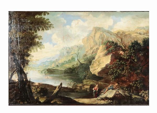 Scuola Italiana Inizio XX Secolo - &quot;Paesaggio con corso d&#39;acqua e la sosta dei viandanti&quot; dipinto ad olio su tavoletta 