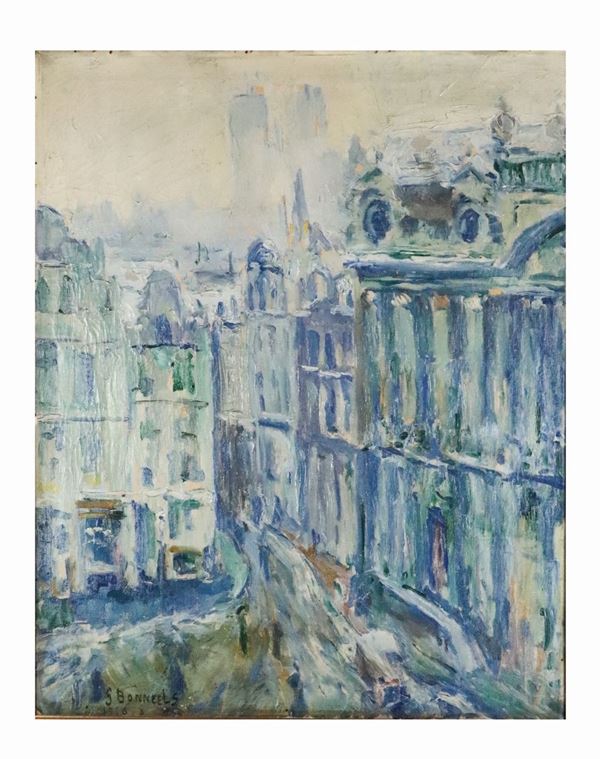 Bonneels Gaston (1891 - ?) - &quot;Veduta di Parigi&quot;. Firmato e datato 1916, dipinto ad olio su tela