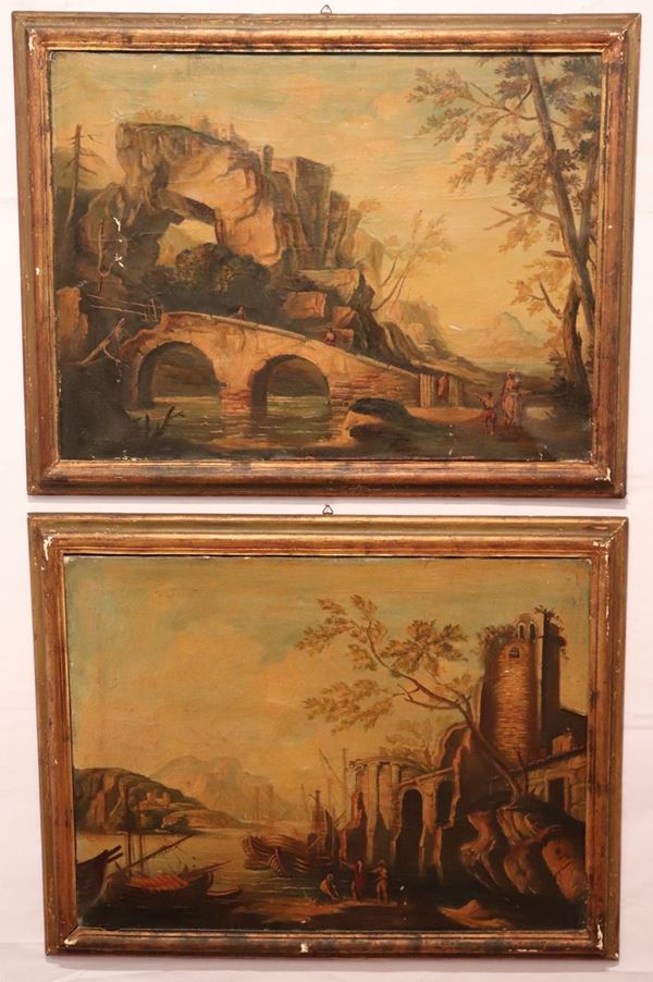 Scuola Veneta Fine XIX Secolo - &quot;Landscape with bridge and watercourse and small port with boats, fishermen and ruins&quot; pair of oil paintings on canvas