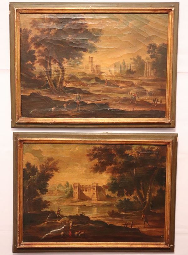 Scuola Italiana Fine XIX Secolo - &quot;Paesaggi con castello, ruderi e pastori con greggi&quot; coppia di dipinti ad olio su tela