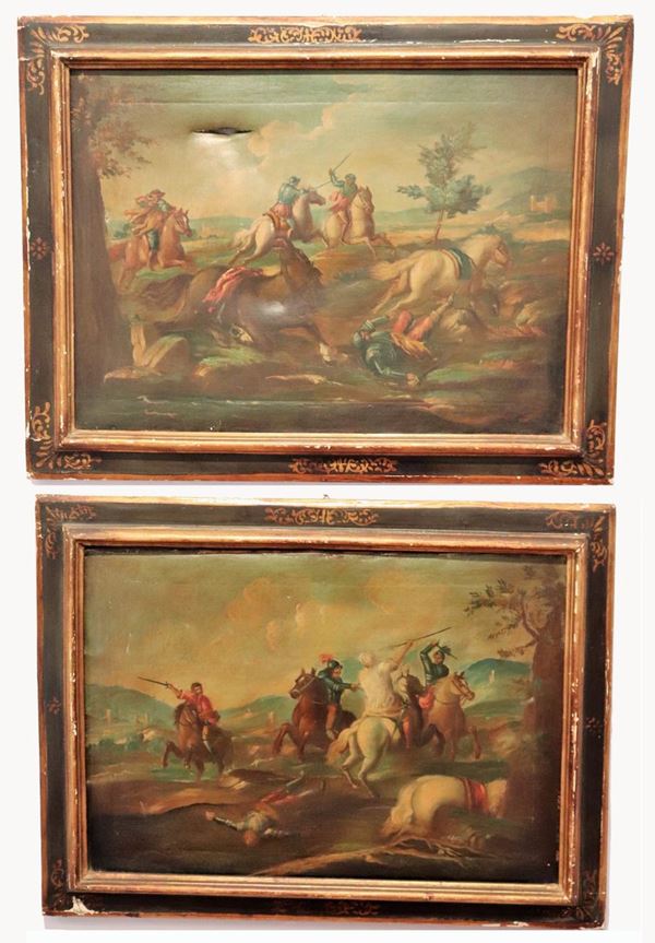 Scuola Italiana Fine XIX Secolo - &quot;Scene di battaglie&quot; coppia di dipinti ad olio su tela