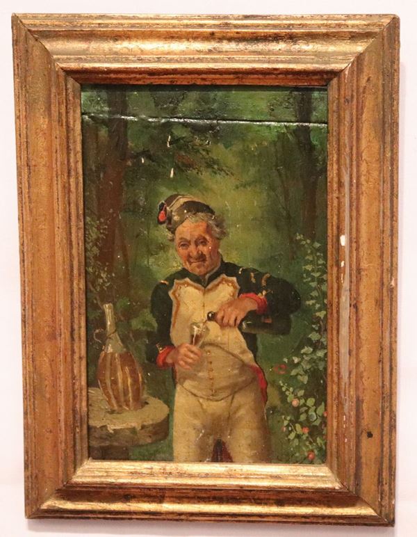 Pittore Francese XIX Secolo - &quot;Soldato Francese con fiasco di vino&quot;. Firmato, piccolo dipinto ad olio su tavoletta
