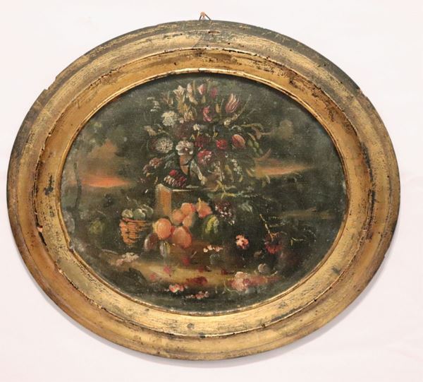 Scuola Napoletana XIX Secolo - &quot;Still life of flowers and fruit&quot; small oil painting on canvas