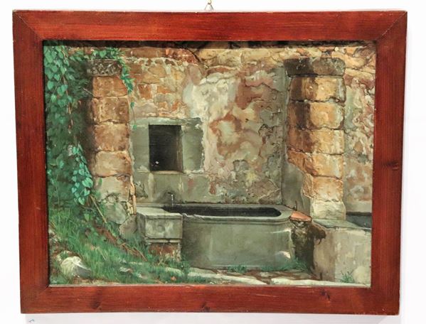 Pittore Italia Centrale Met&#224; XIX Secolo - &quot;Fontana nel vicolo del paese&quot; piccolo dipinto ad olio su tela