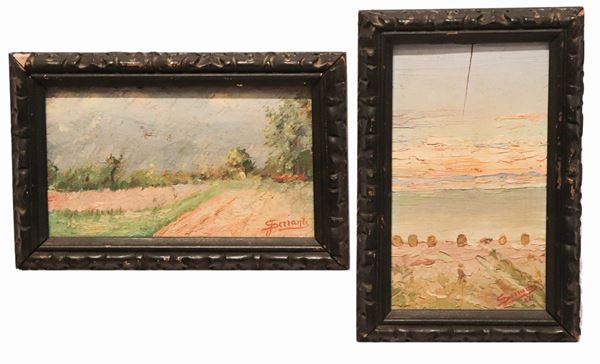 Serranti P. (Pittore Italiano Inizio '900) - &quot;Paesaggi contadini con campi di grano&quot;. Firmati, lotto di due dipinti ad olio su tavoletta
