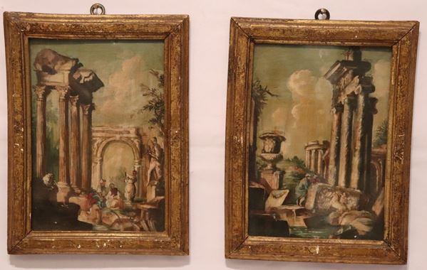 Scuola Romana XIX Secolo - &quot;Architetture con ruderi e personaggi&quot; coppia di piccoli dipinti ad olio su tavola