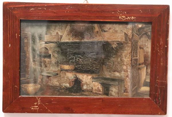 Scuola Italiana Met&#224; XIX Secolo - &quot;Kitchen interior with fireplace&quot; small oil painting
