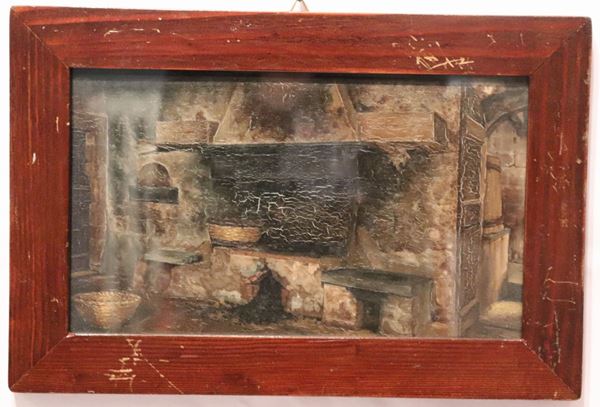 Scuola Italiana Met&#224; XIX Secolo - &quot;Interno di cucina con camino&quot; piccolo dipinto ad olio