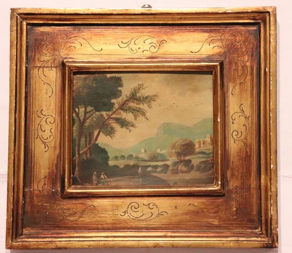 Scuola Italiana Fine XIX Secolo - &quot;Paesaggio con viandanti e corso d&#39;acqua&quot; piccolo dipinto ad olio su tavoletta