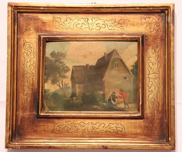 Scuola Francese Fine XIX Secolo - &quot;Paesaggio con contadini e stalla&quot; piccolo dipinto ad olio su tavoletta