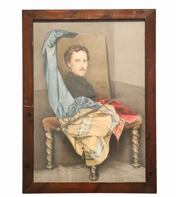 Venturini S. (Pittore Romano Fine XIX Secolo) - &quot;Still life with cloth, sword, portrait and stool&quot;. Signed and dated Rome 1869, watercolor on paper