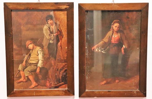 Scuola Fiamminga Fine XIX Secolo - &quot;Fanciulli mendicanti e contadina con uccellini&quot; coppia di piccoli dipinti ad olio su cartoncino