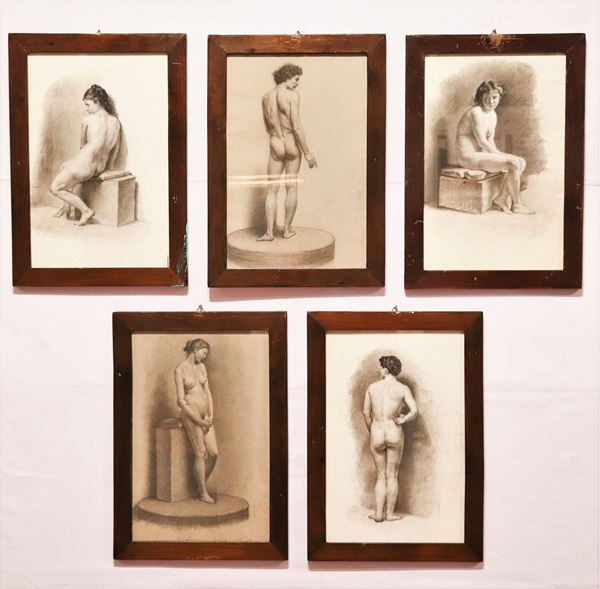 Scuola Italiana Inizio del '900 - Five pencil drawings on paper &quot;Studies of nudes&quot;
