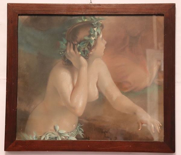 Scuola Italiana XIX Secolo - &quot;Nudo di giovane ragazza con corona di fiori&quot; pastello,biacca e carboncino su carta