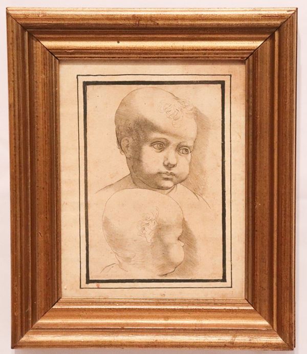 Antique small ink drawing on paper &quot;Faces of children&quot;