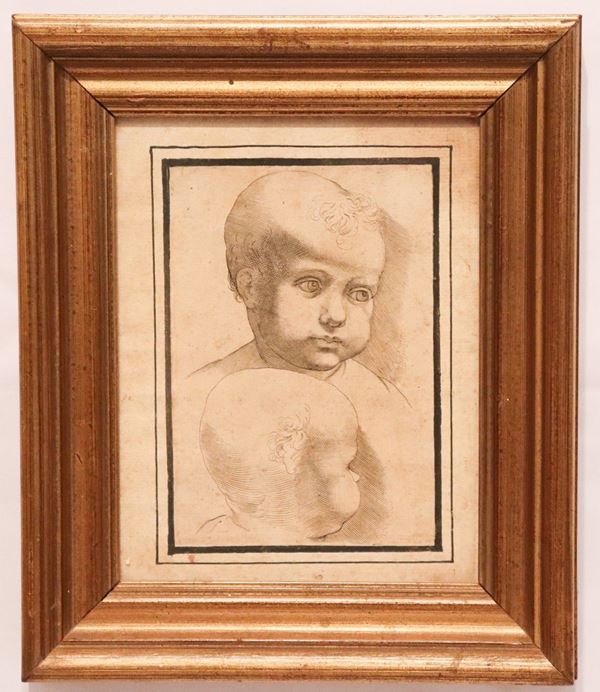 Antico piccolo disegno a china su carta &quot;Volti di bambini&quot;