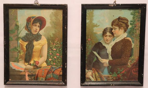 Coppia di piccole oleografie &quot;Ritratti di ragazze&quot;