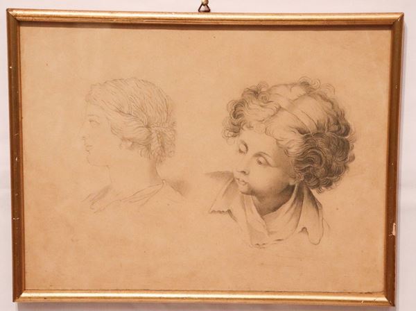 Antico disegno a matita su carta &quot;Volto di bambina e volto di ragazza&quot;
