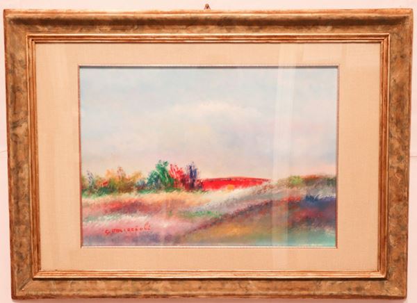 Giovanni Omiccioli - "Meadow with red hut". Signed, painted in oil