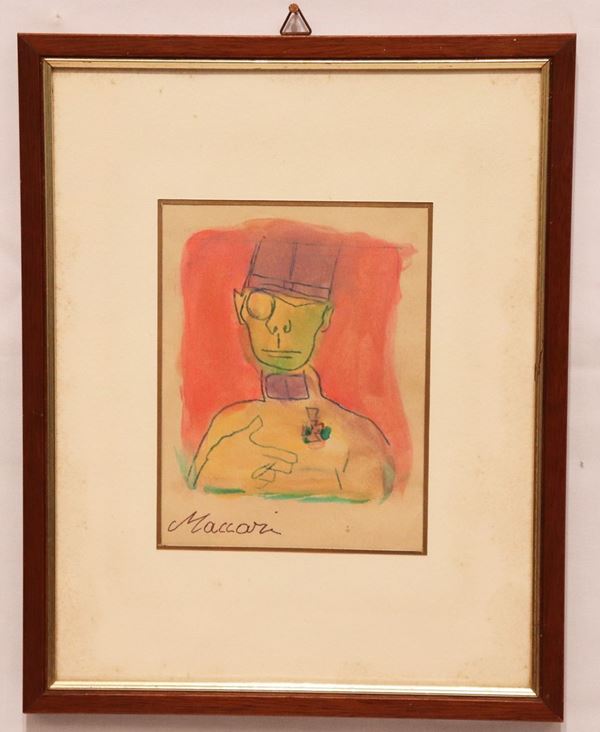 Mino Maccari - &quot;Ufficiale che fuma&quot;. Firmato, piccolo disegno a tecnica mista su carta
