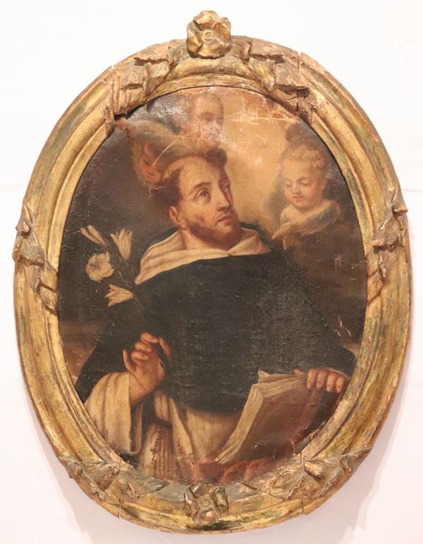 Scuola Italiana Fine XVII Secolo - &quot;Sant&#39;Antonio con angioletti&quot; oval oil painting on canvas
