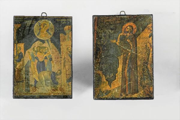 Pair of small plaques in decorated wood &quot;Sacred subjects&quot;