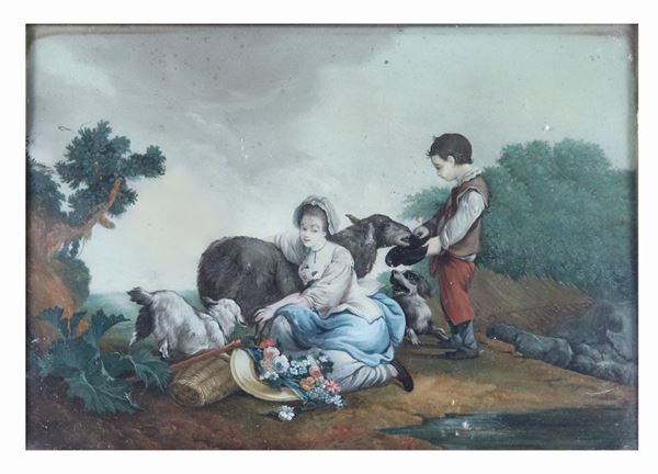 Scuola Francese Inizio XIX Secolo - &quot;Paesaggio con pastorelli, pecorelle e cagnolino&quot; dipinto ad olio sottovetro