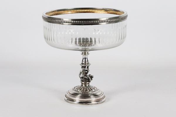 Silver and crystal stand with sculpture of &quot;Putto with dolphin&quot;