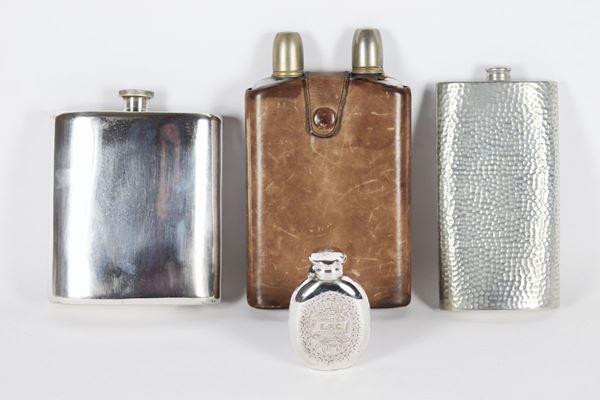 Lot of four travel flasks in silver metal and glass covered with leather
