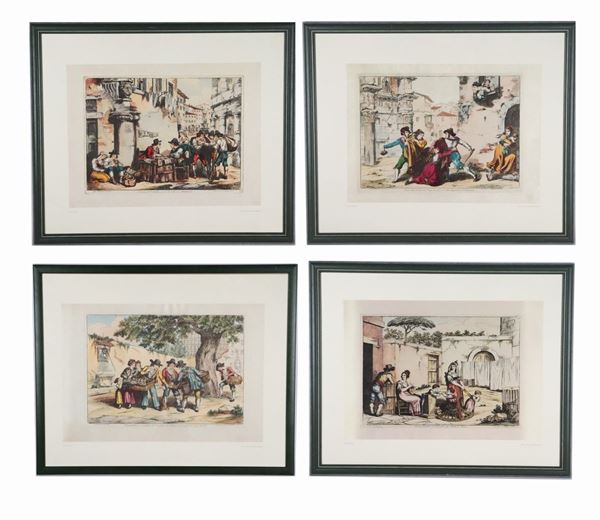 Lotto di quattro stampe colorate "Scene Popolari Romane Pinelliane"