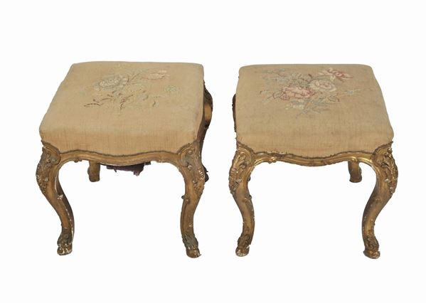 Pair of antique French stools of the Louis XV line in gilded wood