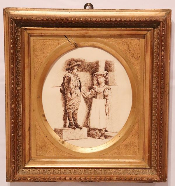 Scuola Romana Fine XIX Secolo - &quot;Fanciulli ciociari&quot; piccolo disegno a china su carta