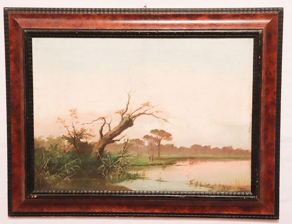 Pittore Romano Fine XIX Secolo - &quot;Veduta delle paludi pontine&quot; dipinto ad olio su tela