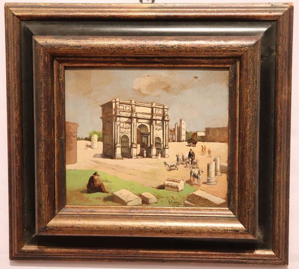 Pittore Romano Fine XIX Secolo - &quot;Veduta dell&#39;Arco di Costantino con pastore e gregge&quot; piccolo dipinto ad olio su lastra di metallo