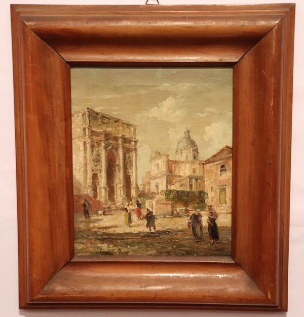 Pittore Romano Fine XIX Secolo - &quot;Veduta del Foro Romano con l&#39;arco di Settimio Severo&quot; piccolo dipinto ad olio su tela 