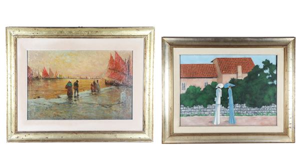 Scuola Italiana XX Secolo - "Old speeches" and "Marina with sunset and fishermen". Signed and dated, lot of two oil paintings on canvas