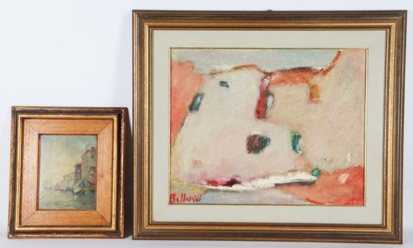 &quot;View of Venice with boats&quot; and &quot;Houses&quot;. Signed, lot of two oil paintings