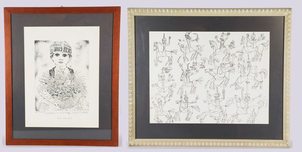 Lot of two lithographs on paper "Child with bunch of flowers" and "The Knights"
