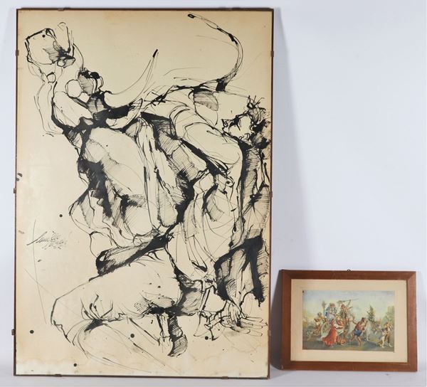 Lotto di un disegno a china &quot;Torero con toro&quot; e una stampa colorata &quot;Tarantella Napoletana&quot;