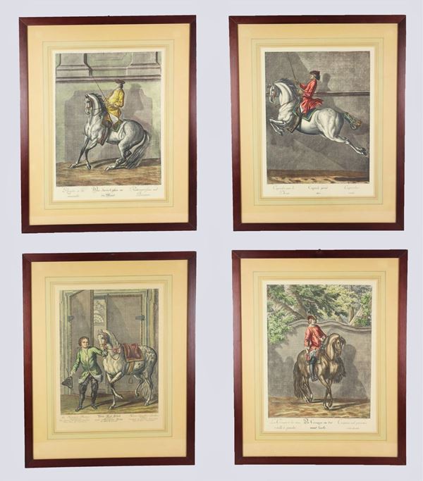 Lotto di quattro stampe francesi a colori &quot;Cavalieri a cavallo&quot;