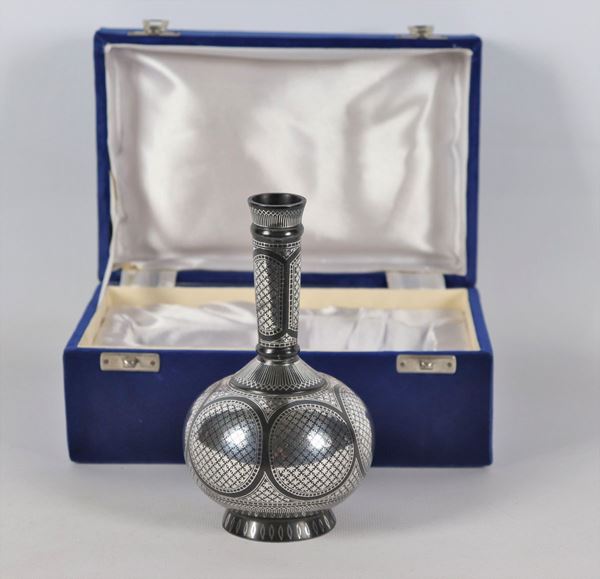 Oriental flask in bronzed metal coated in nickel silver